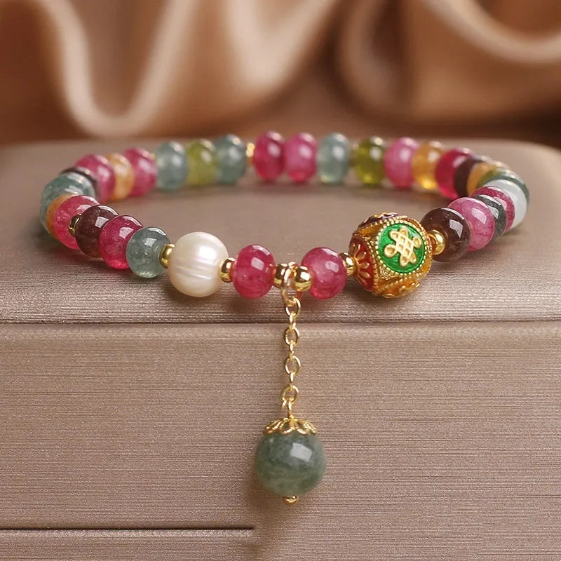 Colourful tourmaline abacus bead bracelet for women with pearl element in ethnic style