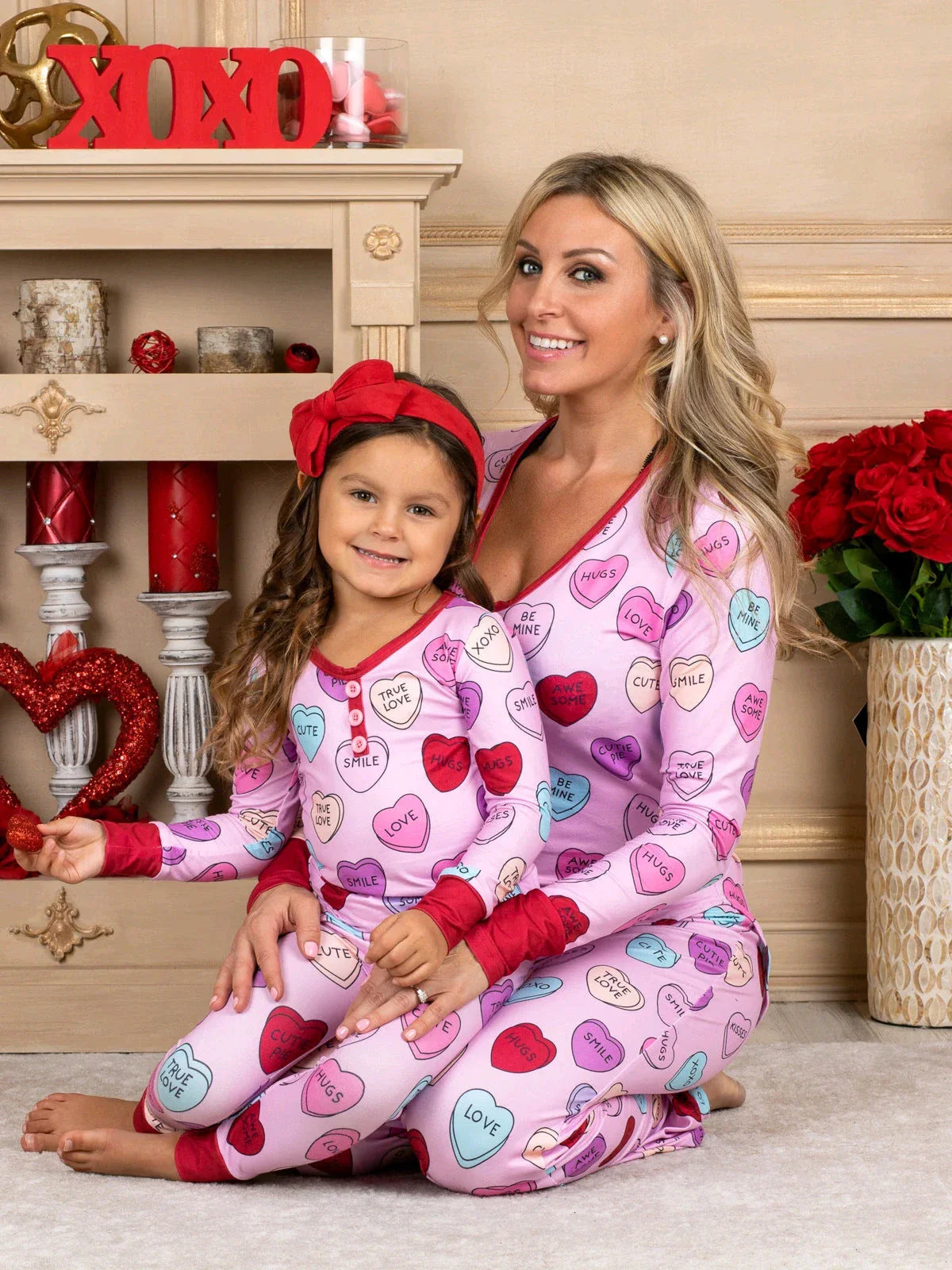 Cozy family matching Valentine's Day pajamas with heart-print design in cotton fabric