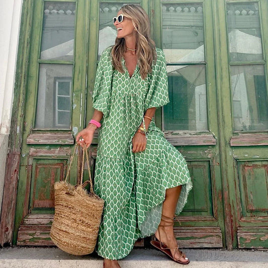 Elegant boho-chic summer dress with floral print in various color options