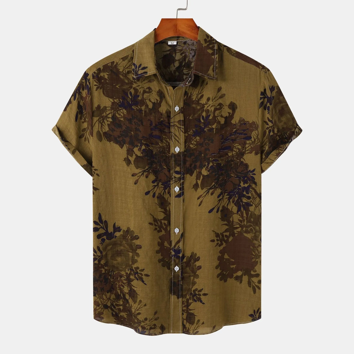 Men's floral lapel shirt in gray, khaki, yellow or burgundy, cotton button-front top, sizes M to 3XL