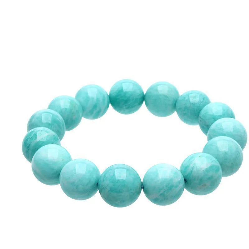 Natural teal blue amazonite gemstone bead bracelet on a white background, showing stretch elastic cord.