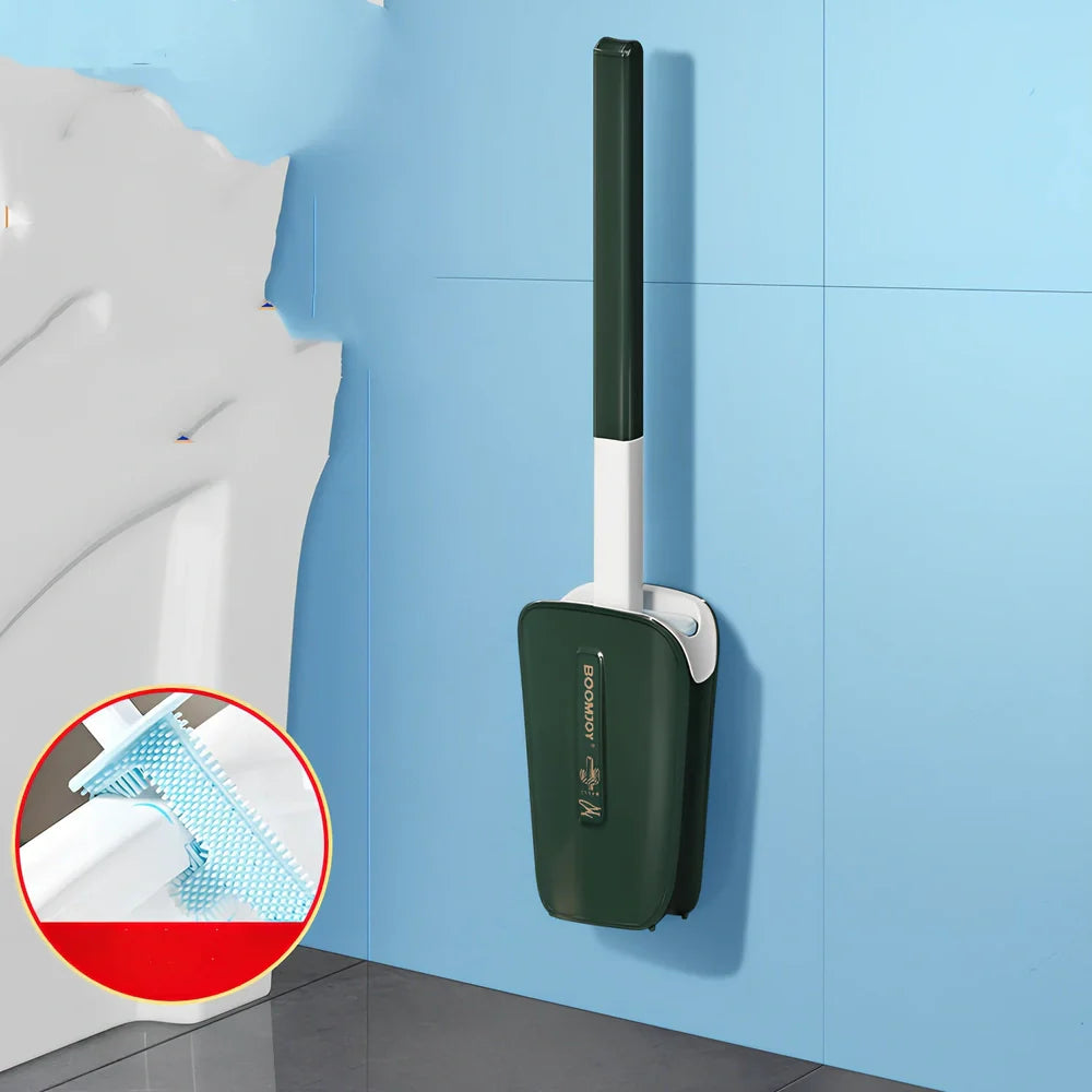 Blue toilet brush with angled TPR bristles in wall-mounted bucket for bathroom cleaning