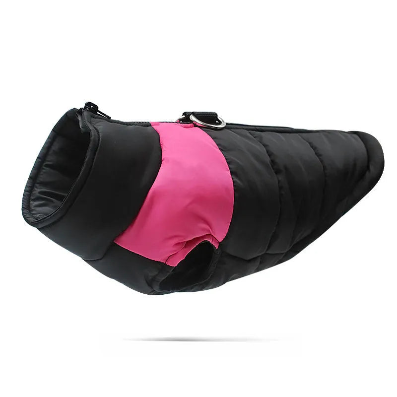 Waterproof padded dog winter jacket with zipper, shown in red on a medium-sized dog.