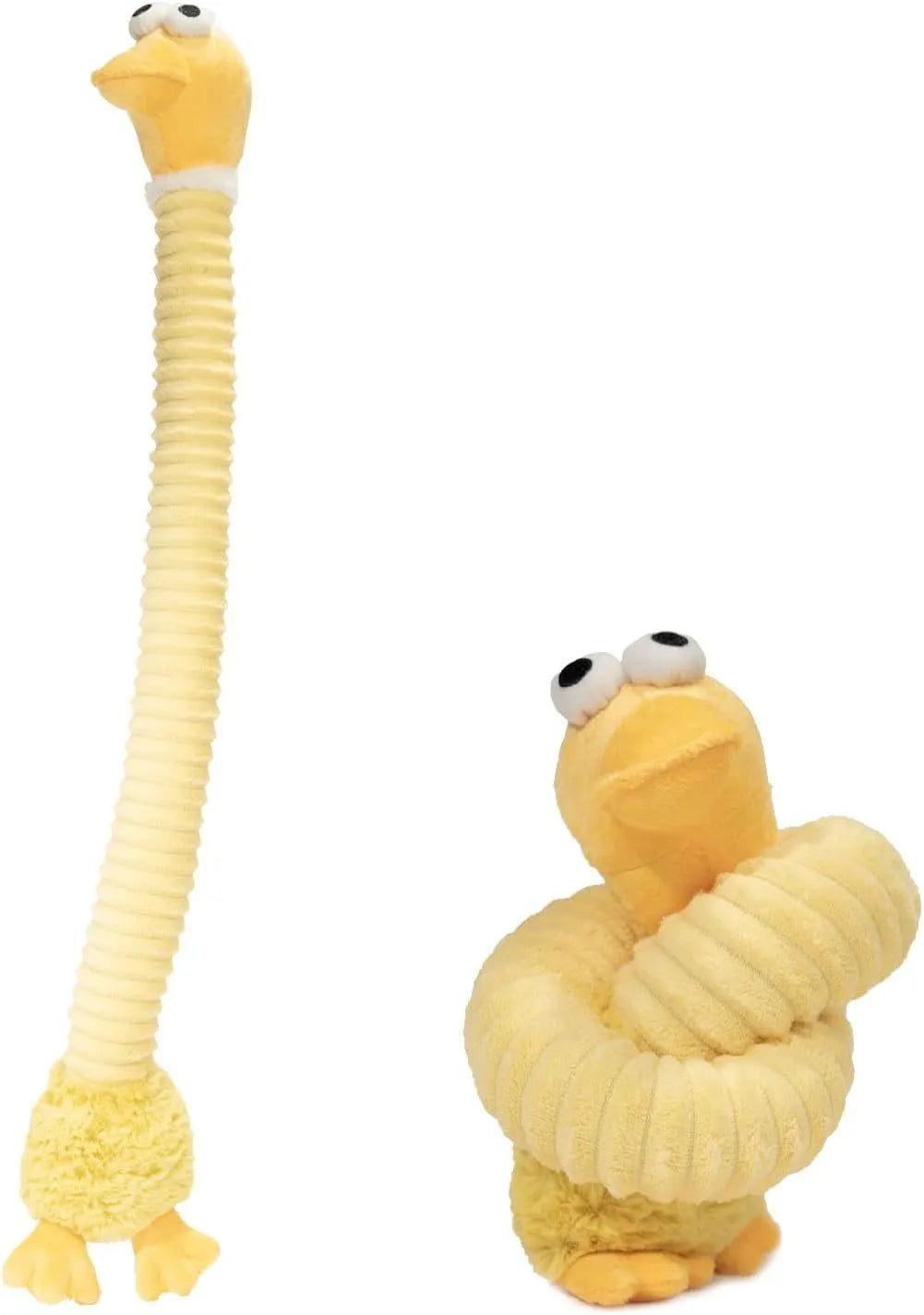 Assorted plush squeaky dog toys with crinkle texture in brown, grey, and yellow colours showing foldable design