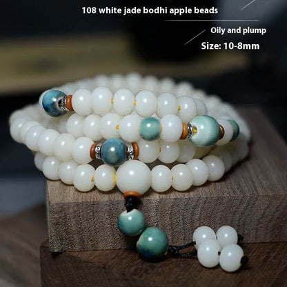 White jade bodhi seed bracelet with 108 flat round oblate beads