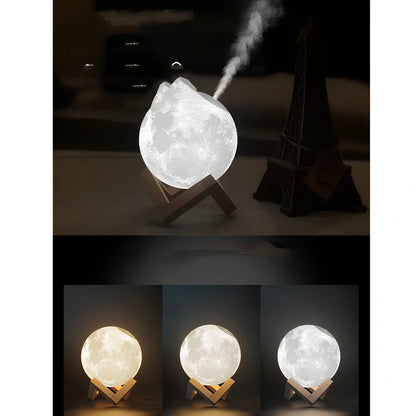 Wood finish spherical lunar humidifier night light with 13cm diameter and USB charging port