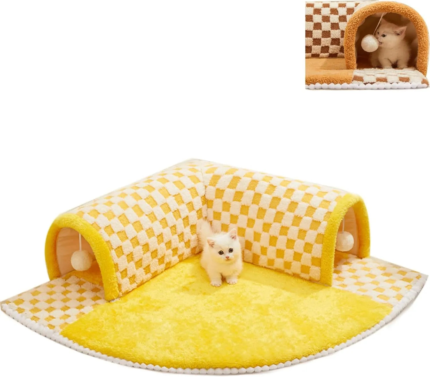 Plush plaid cat tunnel bed with central mat showing brown colour and collapsible tunnel design
