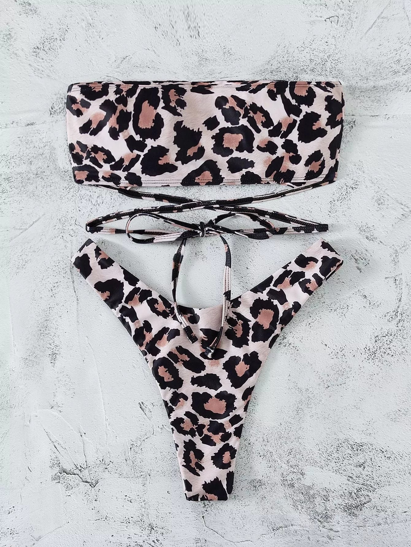 Leopard print bikini bandeau split swimsuit with optional steel support