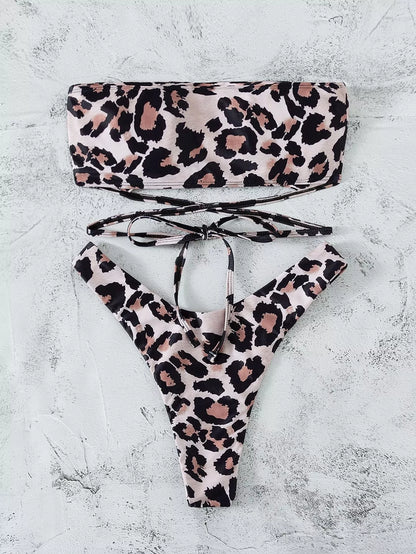 Leopard print bikini bandeau split swimsuit with optional steel support
