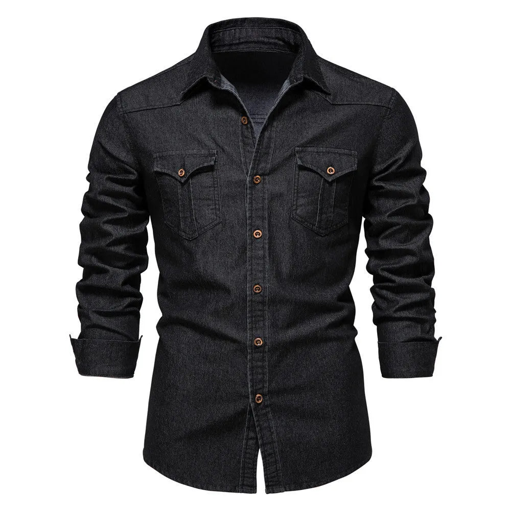 Men's solid colour slim fit cotton denim shirt with long sleeves and button front.