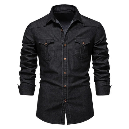 Men's solid colour slim fit cotton denim shirt with long sleeves and button front.