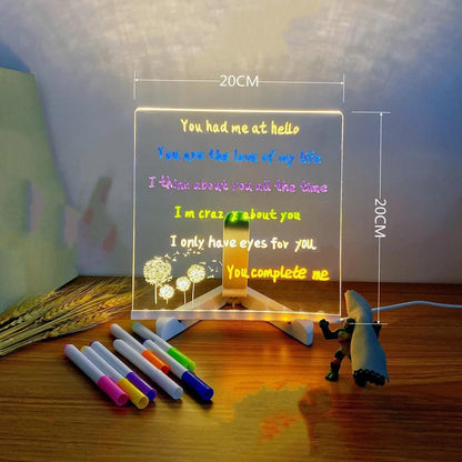 Transparent luminous acrylic note board measuring 100mm x 160mm with erasable surface and included pen