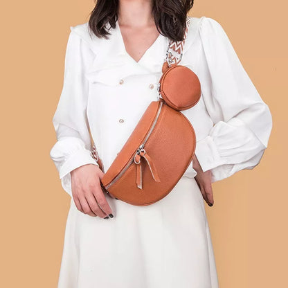 Genuine leather crossbody bag in black, caramel, white, and dark khaki with multiple pockets