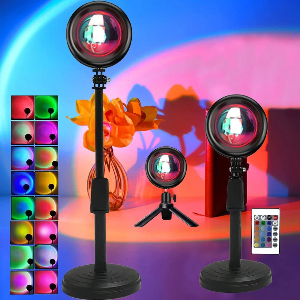 Sunset projection lamp with remote control showing rainbow colour lighting effects on wall