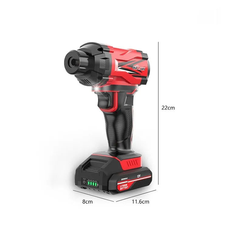 Red and black portable car wireless air pump with nozzle attachments and power cable