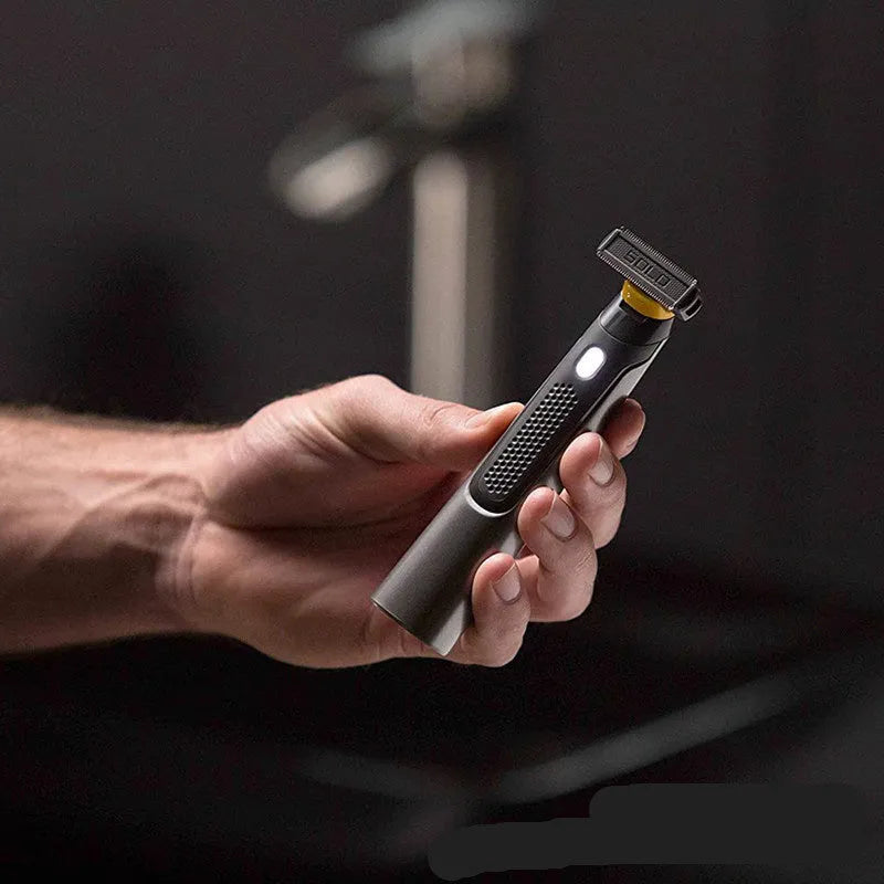 Wireless rechargeable precision shaver with stainless steel blades and LED light