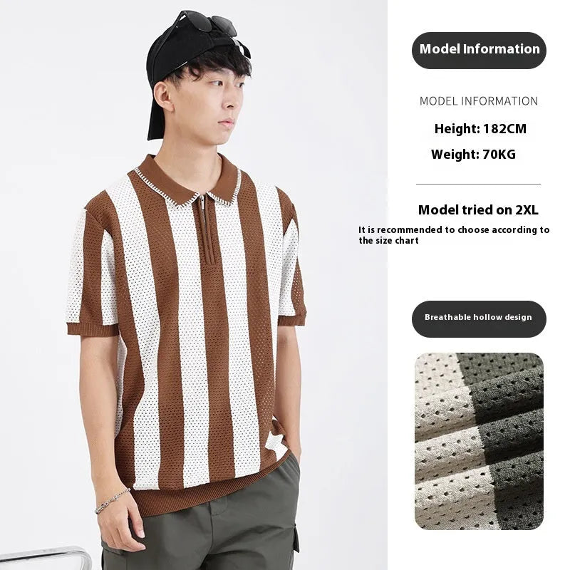 Men's short sleeve ice silk sweater with zipper decoration in striped pattern, available in multiple colours and sizes