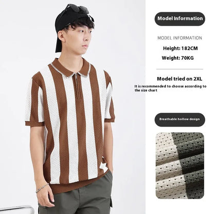 Men's short sleeve ice silk sweater with zipper decoration in striped pattern, available in multiple colours and sizes