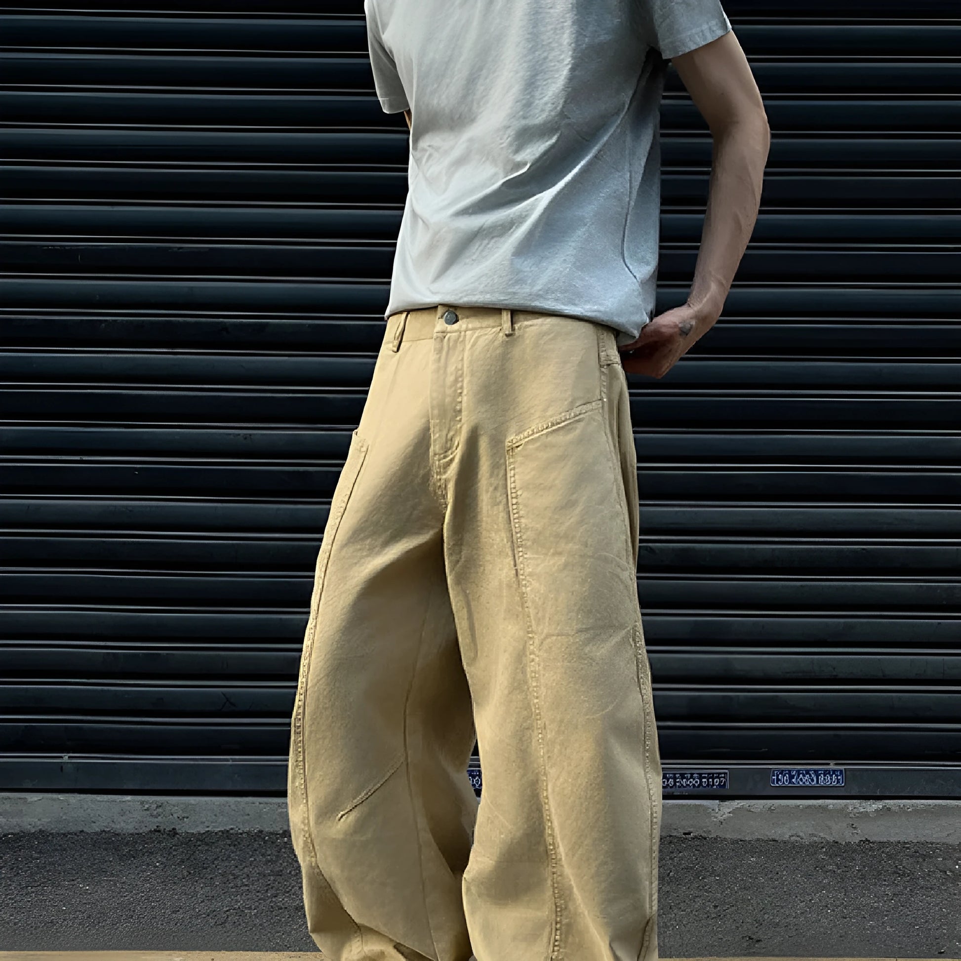 Men's khaki straight leg cotton trousers showing American retro casual styling