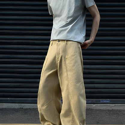 Men's khaki straight leg cotton trousers showing American retro casual styling