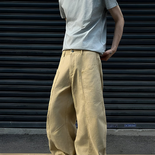 Men's khaki straight leg cotton trousers showing American retro casual styling