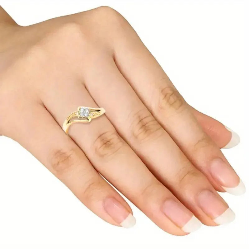 Yellow gold coloured copper diamond ring with micro inlaid zircon geometric ornamentation.
