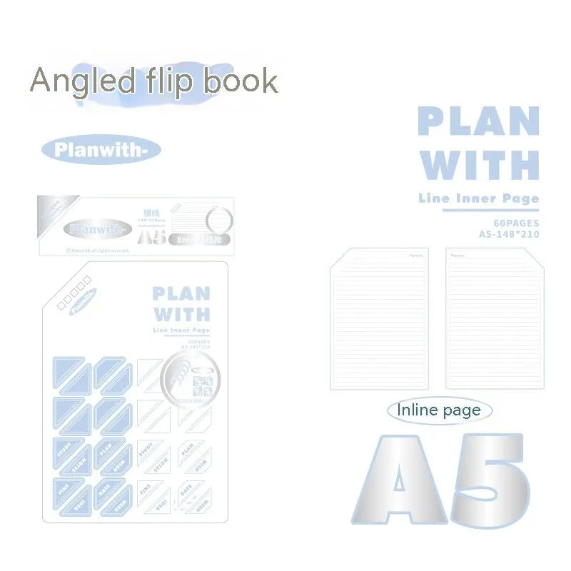 Oblique Angle notebook with 60 sheets, A5 or B5 size, white or plaid blue cover options for student use