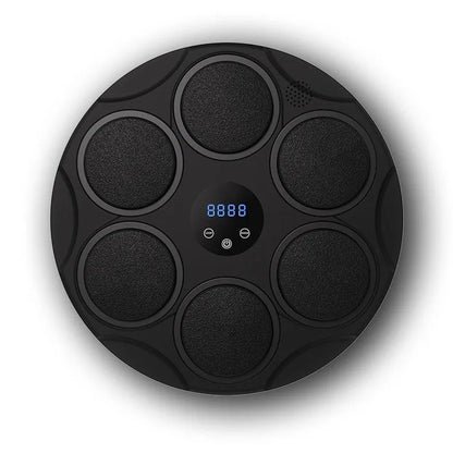 Black smart Bluetooth boxing target with coloured LED lights hanging on wall