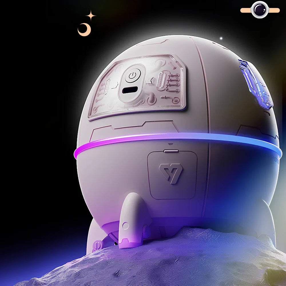 White astronaut-shaped USB humidifier with 110mm × 110mm × 119mm dimensions and USB cable