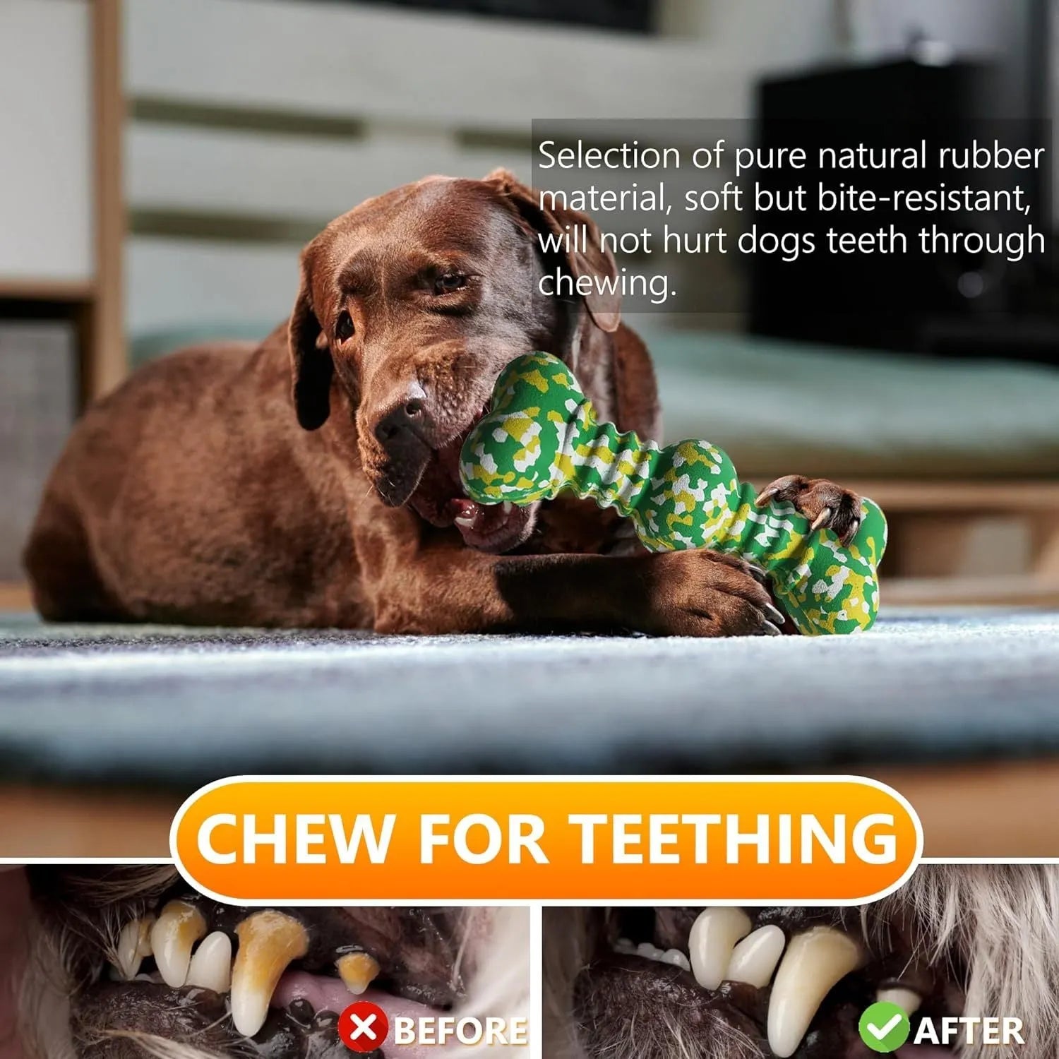 Natural rubber dog chew toy with camouflage design for aggressive chewers, USDA organic certified, in green, white, and yellow colours.