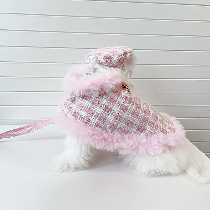 Cat warm clothes chest and back traction costume includes beret cape drawstring set for female cats, polyester pet clothing in pink cloak with hand holding rope design available in XS S M L XL sizes for small to large cats