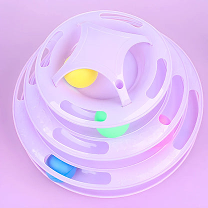 Circular tower track cat toy with rolling ball in blue and white colour option