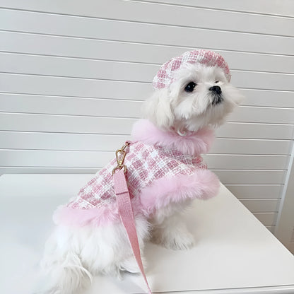 Pink cat costume set with beret and cape featuring hand holding rope design