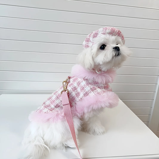 Pink cat costume set with beret and cape featuring hand holding rope design
