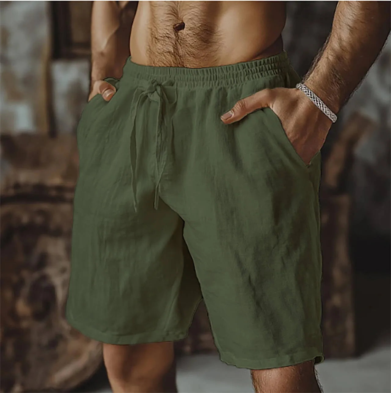 Men's cotton linen beach shorts in straight-leg British style shown in seven colour options
