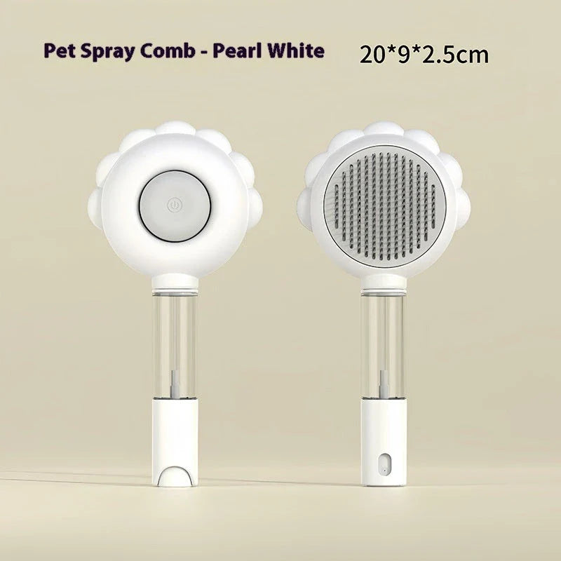 A versatile pet grooming brush with a built-in spray function for efficient hair removal and a calming grooming experience