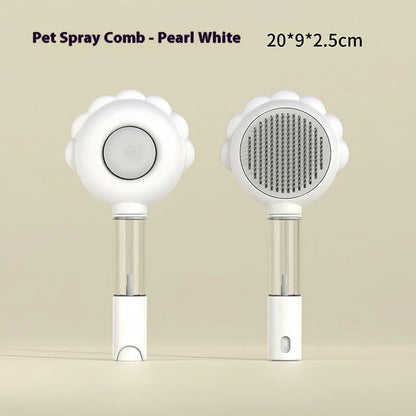 A versatile pet grooming brush with a built-in spray function for efficient hair removal and a calming grooming experience