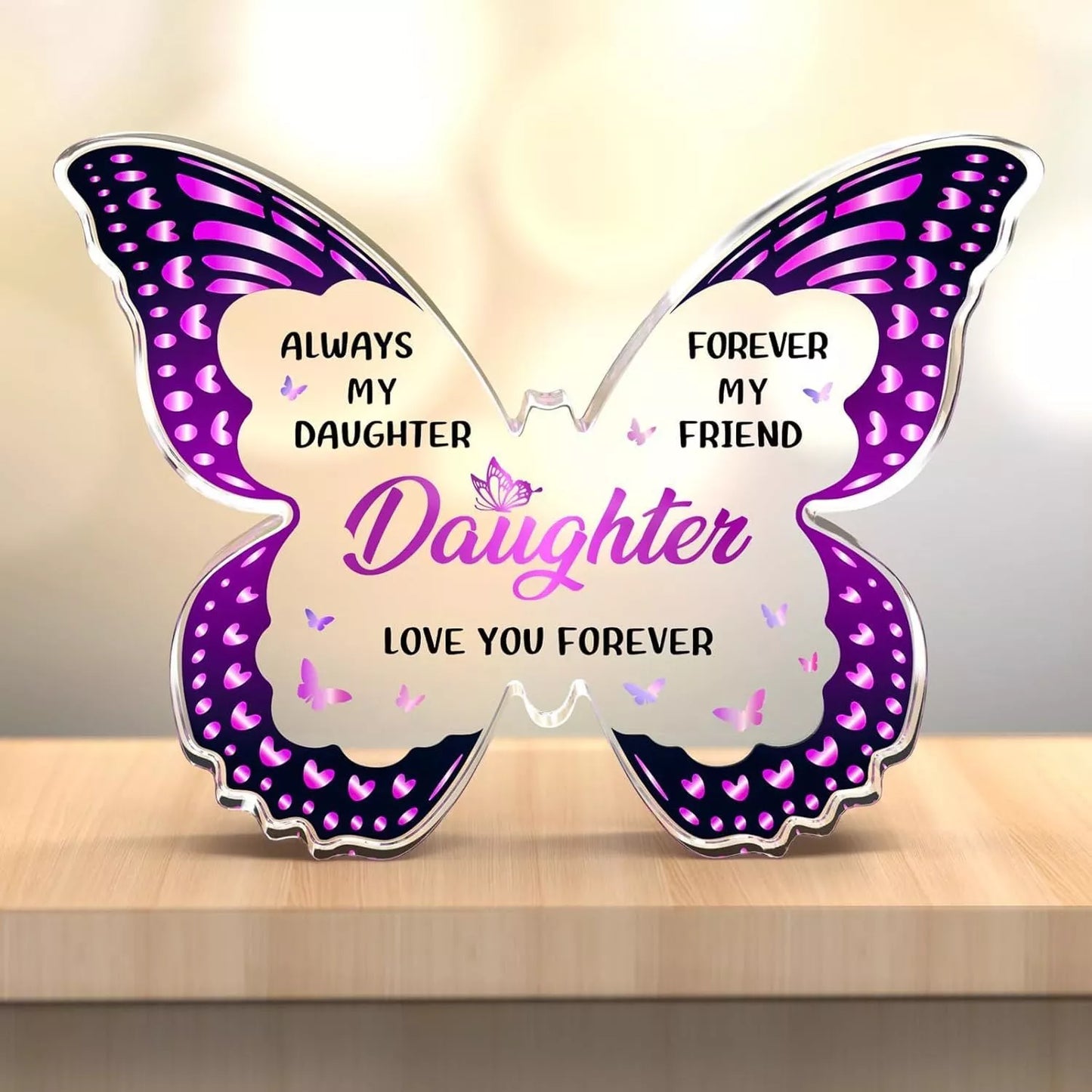Butterfly-shaped acrylic keepsake with purple wing patterns and personalized message
