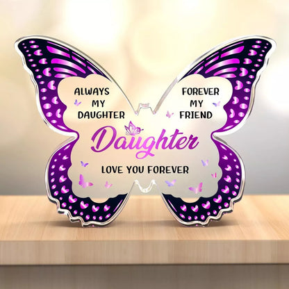 Butterfly-shaped acrylic keepsake with purple wing patterns and personalized message