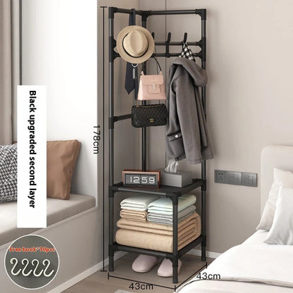Stainless steel corner coat rack with multi-layer assembly and 10 hooks in black or white