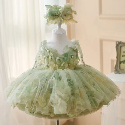 FARCENT girls' princess dress in green champagne colour with French entry lux pearl decorative details