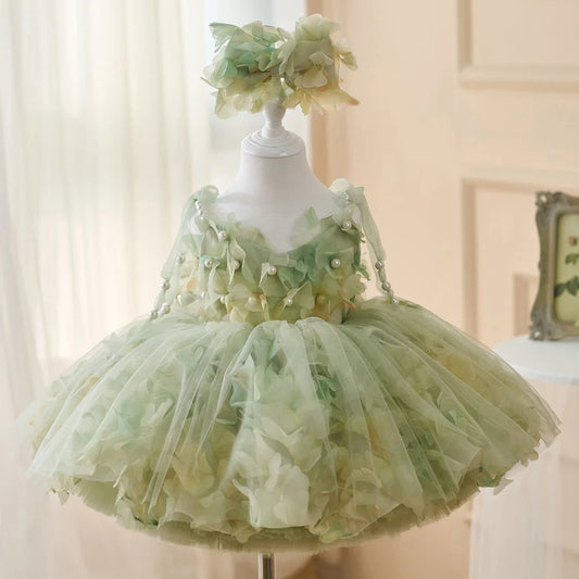 FARCENT girls' princess dress in green champagne colour with French entry lux pearl decorative details