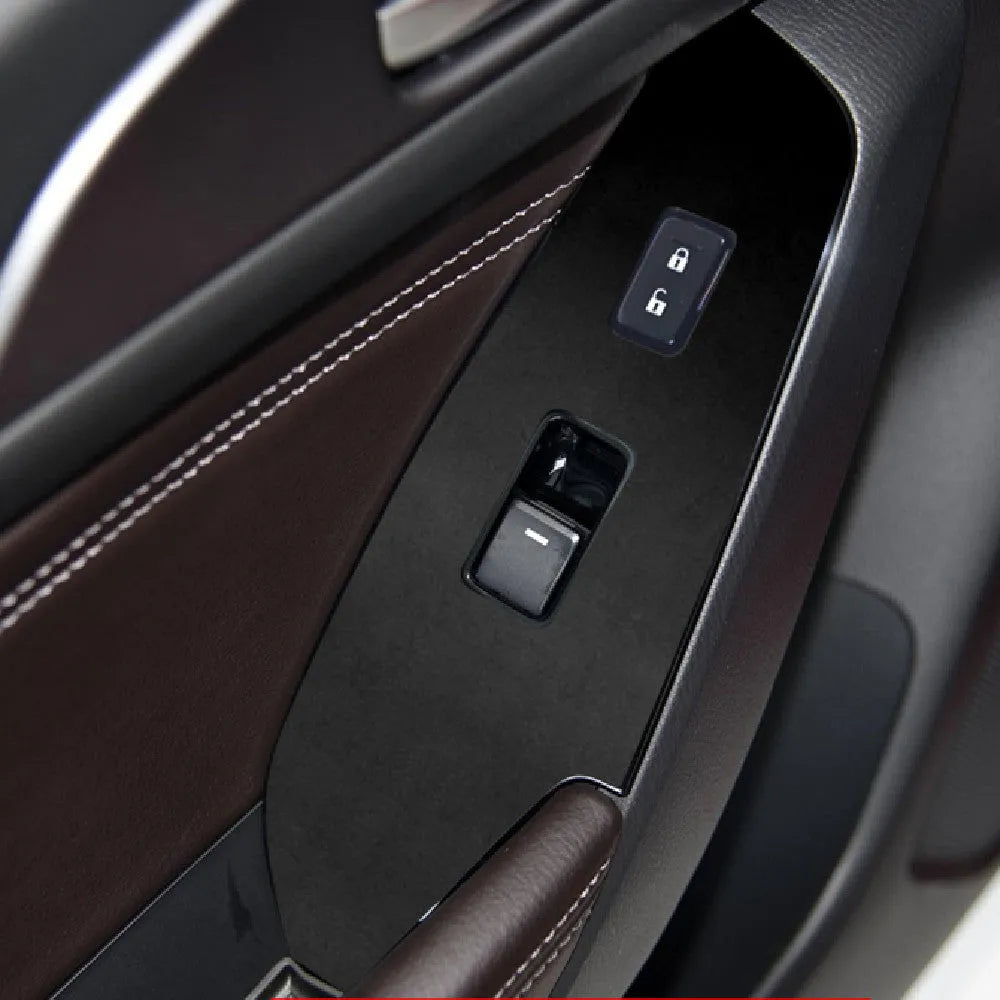 TPU protective film set for car door control panels in transparent, carbon fibre black, and matte black finishes