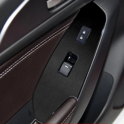 TPU protective film set for car door control panels in transparent, carbon fibre black, and matte black finishes