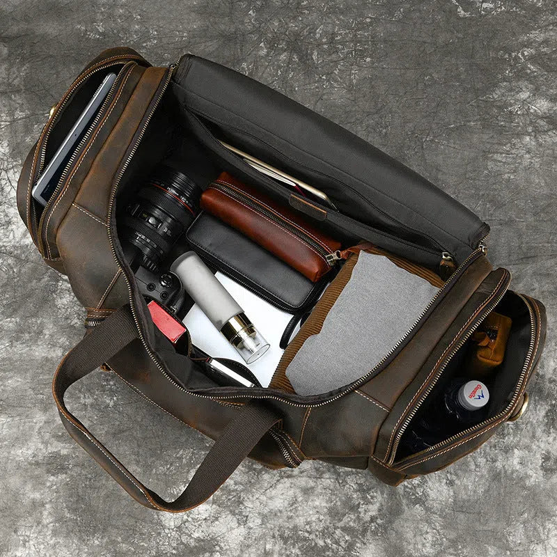 Men's dark brown full-grain leather crossbody handbag, 58cm large capacity, anti-theft, with shoulder strap.