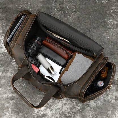 Men's dark brown full-grain leather crossbody handbag, 58cm large capacity, anti-theft, with shoulder strap.