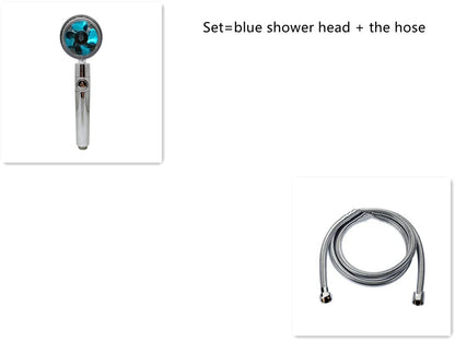 High-performance water-saving shower head with 360-degree rotation and fan feature, offering a luxurious shower experience