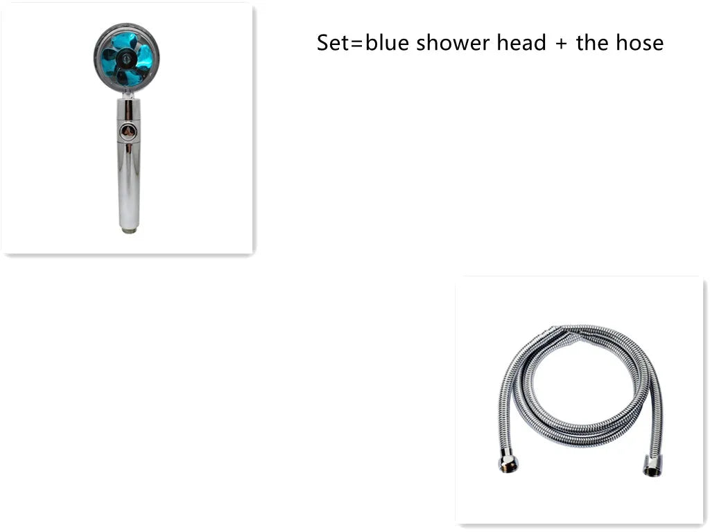 Chrome-finished ABS plastic water-saving shower head with a round, rotating spray head.