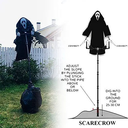 Plastic skeleton scarecrow with screaming skull design measuring 70cm tall for Halloween gardens