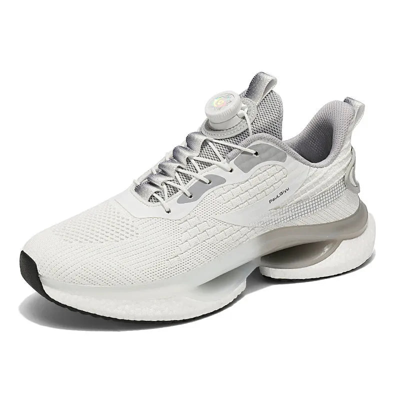 Men's low-top white running shoe with a rotating buckle closure and mesh upper.